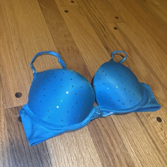 Victoria's Secret 32B Bra Blue Miraculous Plunge Underwire Back Closure Sequin - Picture 2 of 6